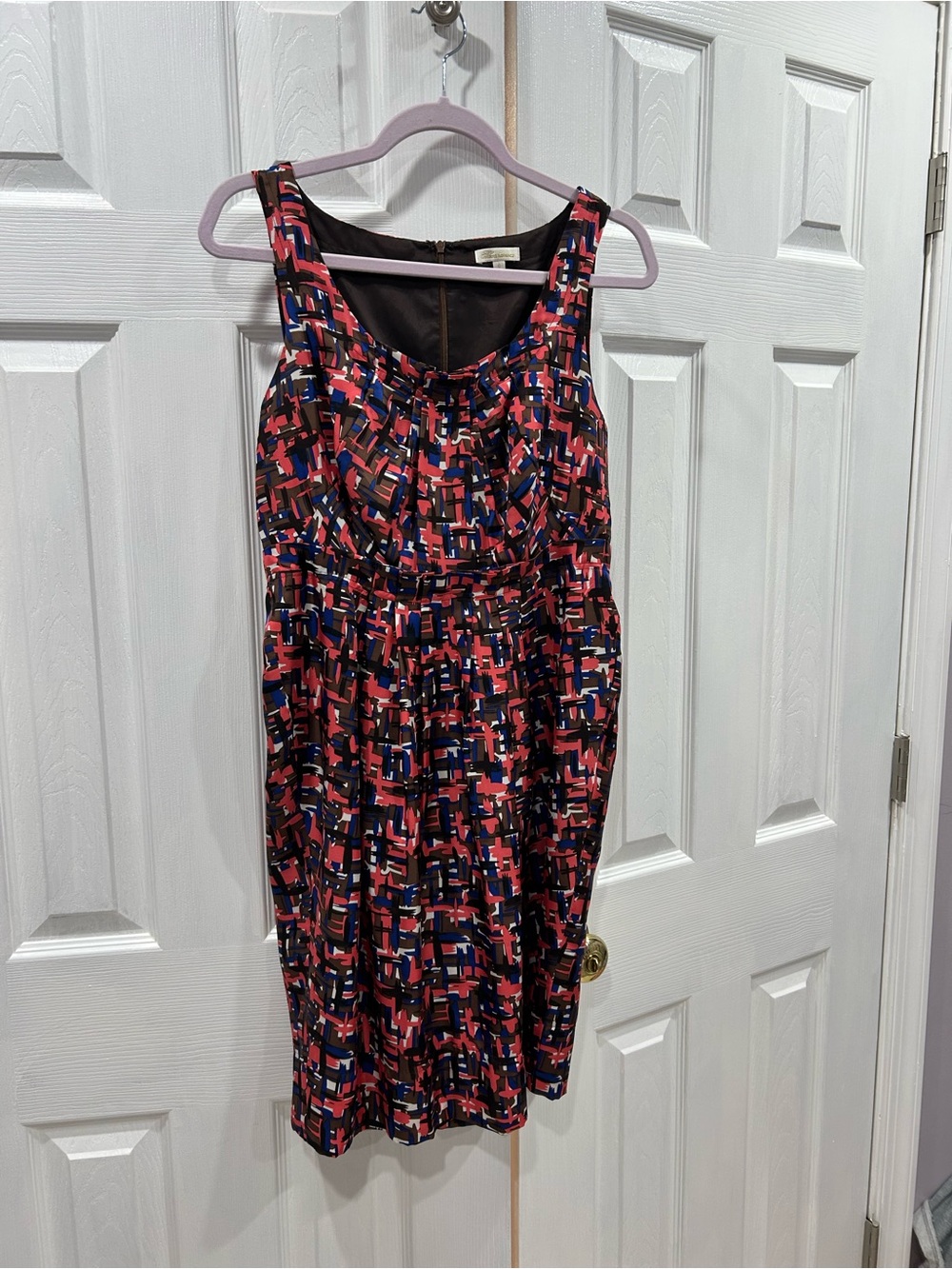 Shoshanna Sleeveless silk Abstract Print Midi Dress in Red, Blue and Black - Picture 1 of 6
